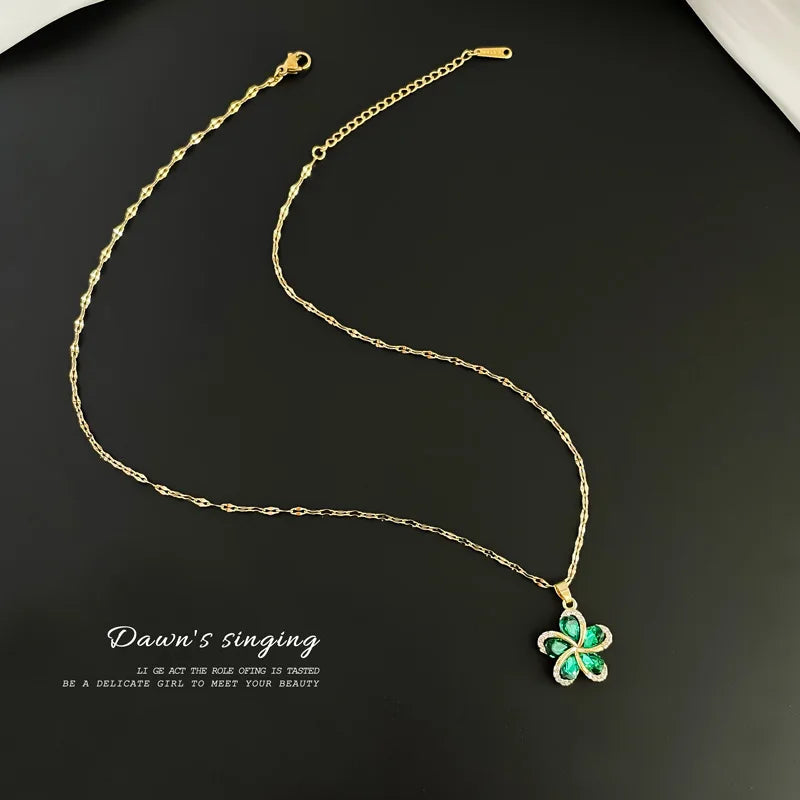 DIEYURO 316L Stainless Steel Green Zircon Flowers Pendant Necklace for Women New Luxury Girls Lucky Chain Birthday Jewelry Gifts