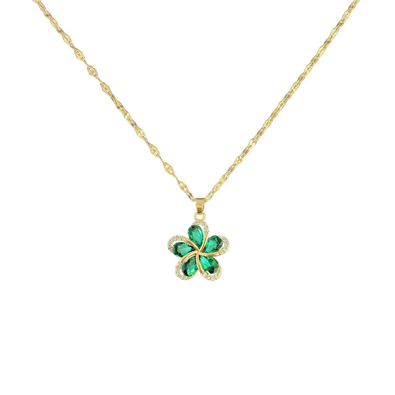 DIEYURO 316L Stainless Steel Green Zircon Flowers Pendant Necklace for Women New Luxury Girls Lucky Chain Birthday Jewelry Gifts