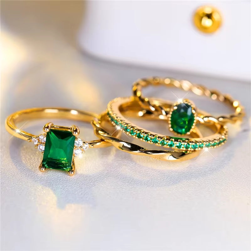 Luxury Female 4Pcs Green Zircon Stone Ring Set Trendy Yellow Gold Color Engagement Cute Bride Wedding Jewelry Gift for Women