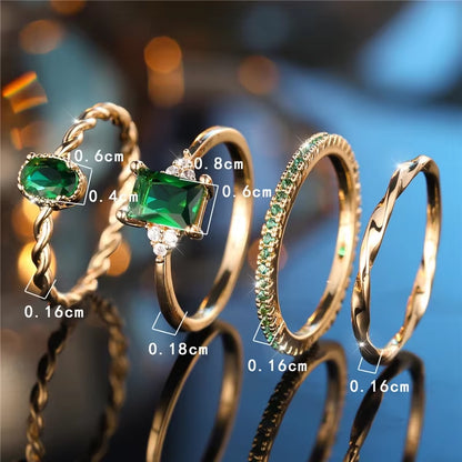 Luxury Female 4Pcs Green Zircon Stone Ring Set Trendy Yellow Gold Color Engagement Cute Bride Wedding Jewelry Gift for Women