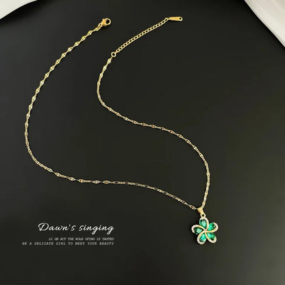 DIEYURO 316L Stainless Steel Green Zircon Flowers Pendant Necklace for Women New Luxury Girls Lucky Chain Birthday Jewelry Gifts