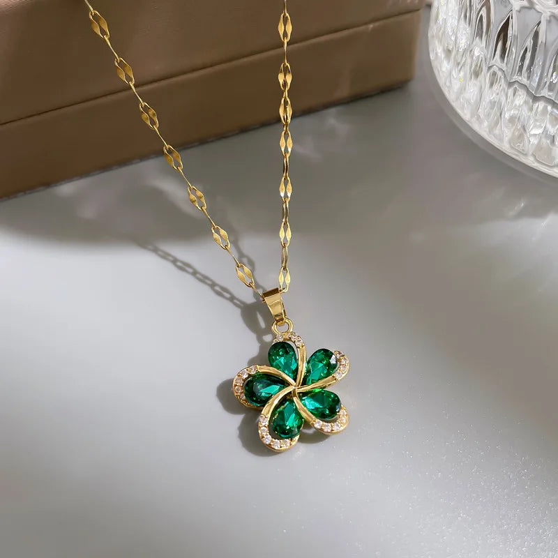 DIEYURO 316L Stainless Steel Green Zircon Flowers Pendant Necklace for Women New Luxury Girls Lucky Chain Birthday Jewelry Gifts