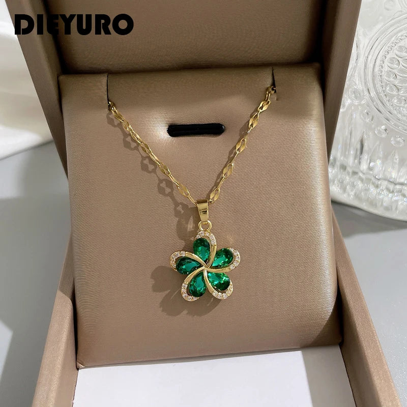 DIEYURO 316L Stainless Steel Green Zircon Flowers Pendant Necklace for Women New Luxury Girls Lucky Chain Birthday Jewelry Gifts