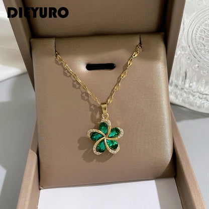 DIEYURO 316L Stainless Steel Green Zircon Flowers Pendant Necklace for Women New Luxury Girls Lucky Chain Birthday Jewelry Gifts