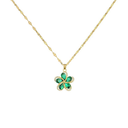 DIEYURO 316L Stainless Steel Green Zircon Flowers Pendant Necklace for Women New Luxury Girls Lucky Chain Birthday Jewelry Gifts