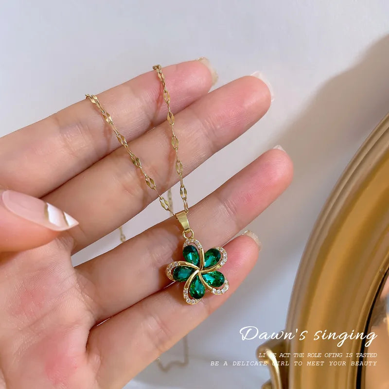 DIEYURO 316L Stainless Steel Green Zircon Flowers Pendant Necklace for Women New Luxury Girls Lucky Chain Birthday Jewelry Gifts