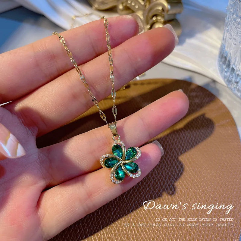 DIEYURO 316L Stainless Steel Green Zircon Flowers Pendant Necklace for Women New Luxury Girls Lucky Chain Birthday Jewelry Gifts