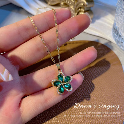 DIEYURO 316L Stainless Steel Green Zircon Flowers Pendant Necklace for Women New Luxury Girls Lucky Chain Birthday Jewelry Gifts