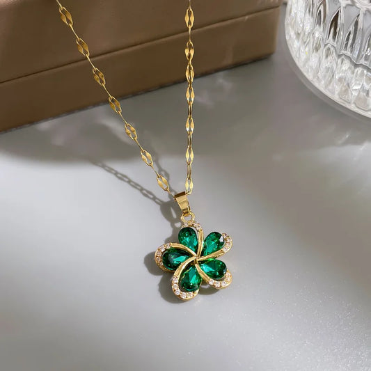 DIEYURO 316L Stainless Steel Green Zircon Flowers Pendant Necklace for Women New Luxury Girls Lucky Chain Birthday Jewelry Gifts